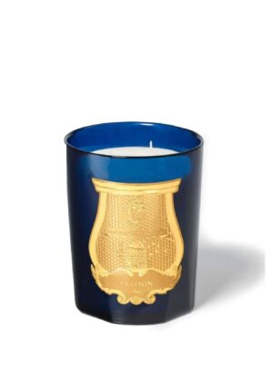 Vela perfumada Trudon Reggio 270 g, vaso azul intenso con escudo dorado, aroma cítrico elegante de mandarina.