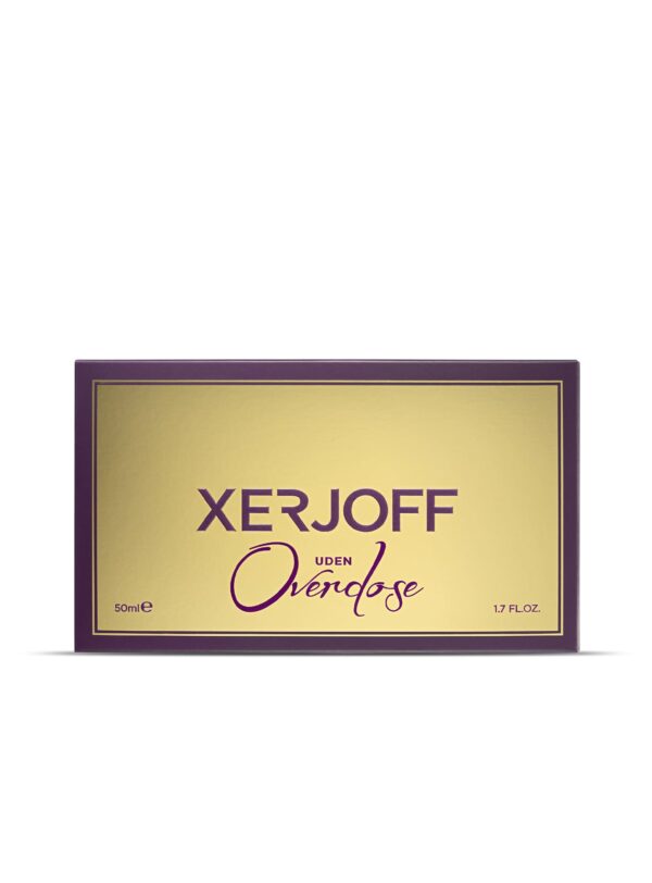 Caja del perfume Xerjoff Uden Overdose de 50 ml, diseño dorado y violeta con inscripción Overdose