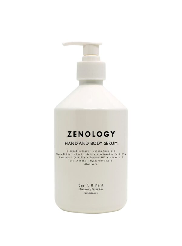 Sérum de manos y cuerpo Zenology Basil & Mint 500 ml, envase blanco con dosificador, hidratación con extractos botánicos frescos.