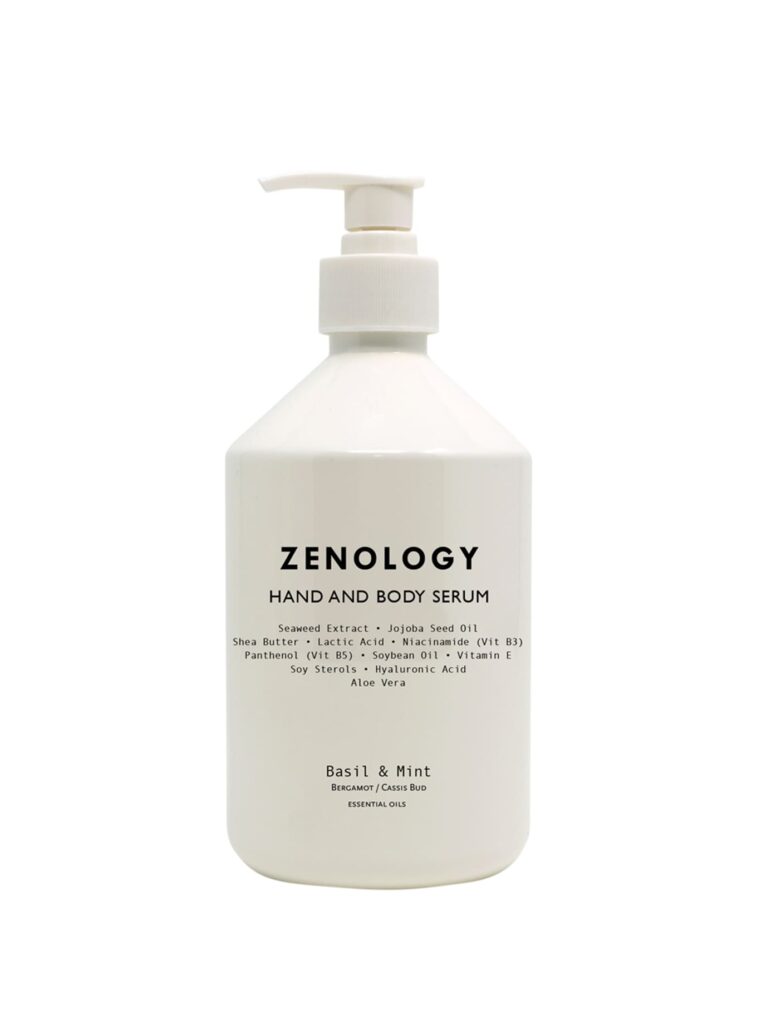 Sérum de manos y cuerpo Zenology Basil & Mint 500 ml, envase blanco con dosificador, hidratación con extractos botánicos frescos.