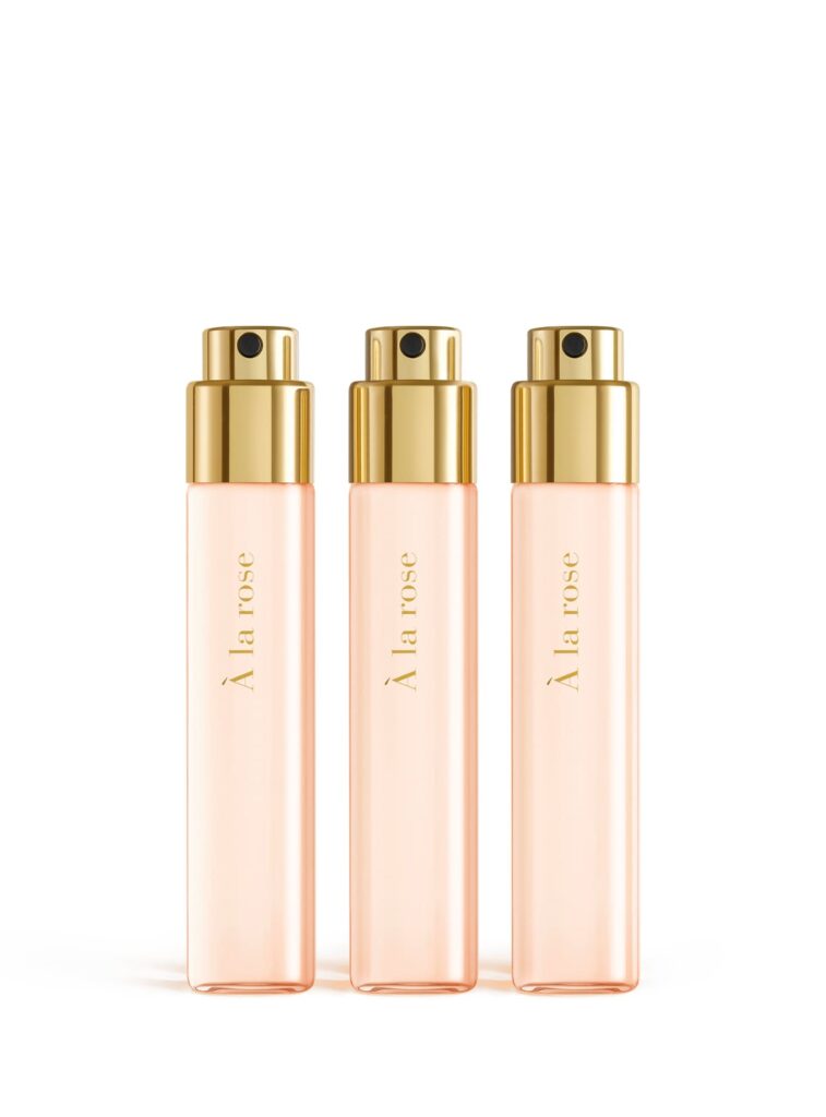 À la Rose Travel Refills 3x11 ml by Maison Francis Kurkdjian with three rose sprayers and a gold cap