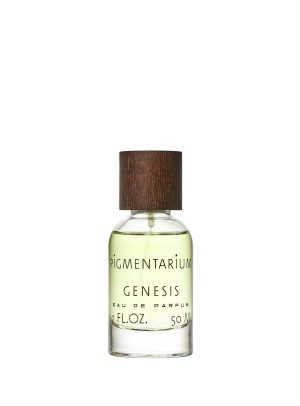 Botella de Eau de Parfum 'Genesis' de Pigmentarium. Un aroma refrescante que comienza con notas altas de laurel y aldehídos
