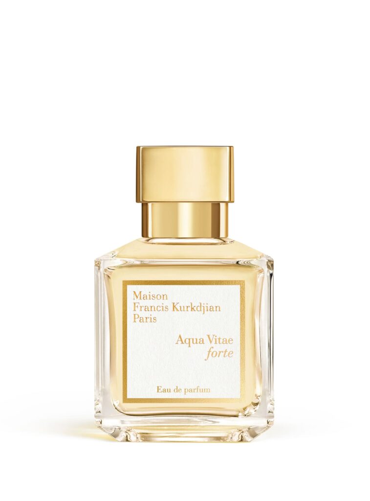 Aqua Vitae Forte Eau de Parfum by Maison Francis Kurkdjian in a transparent bottle with a gold label