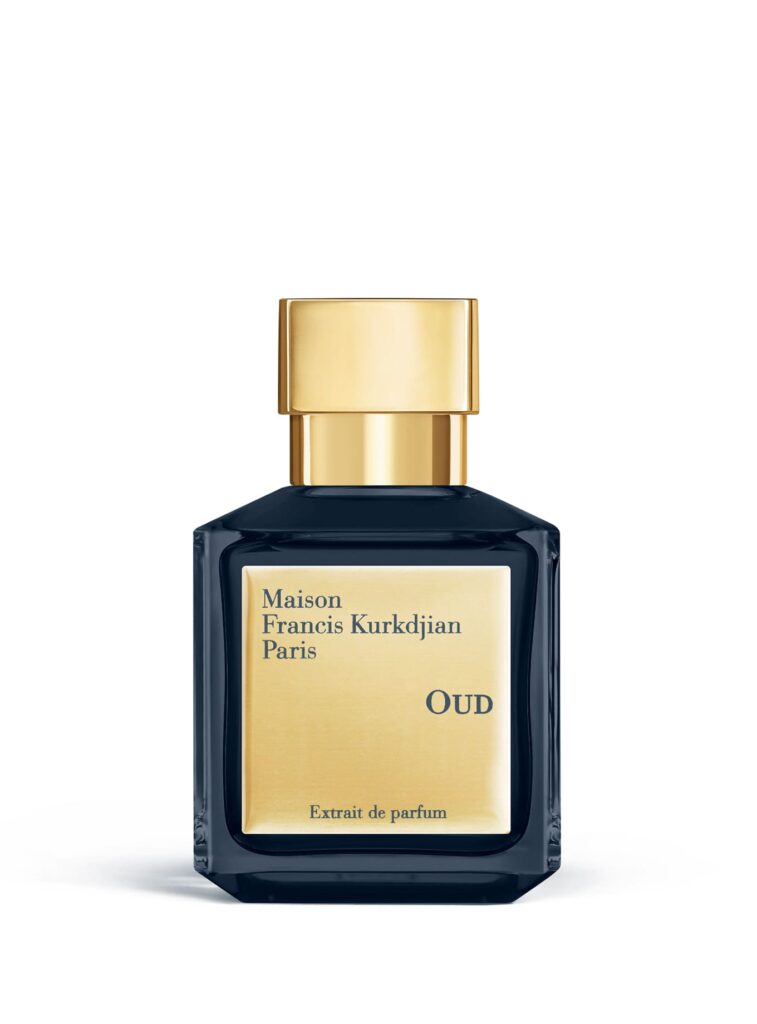 Maison Francis Kurkdjian OUD Extrait de Parfum in a dark blue bottle with a gold plaque