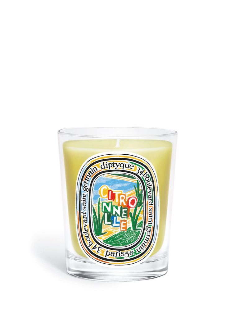 Vela de Citronnelle de Diptyque de 190 gramos, con una etiqueta colorida y una caja decorada con ilustraciones veraniegas.