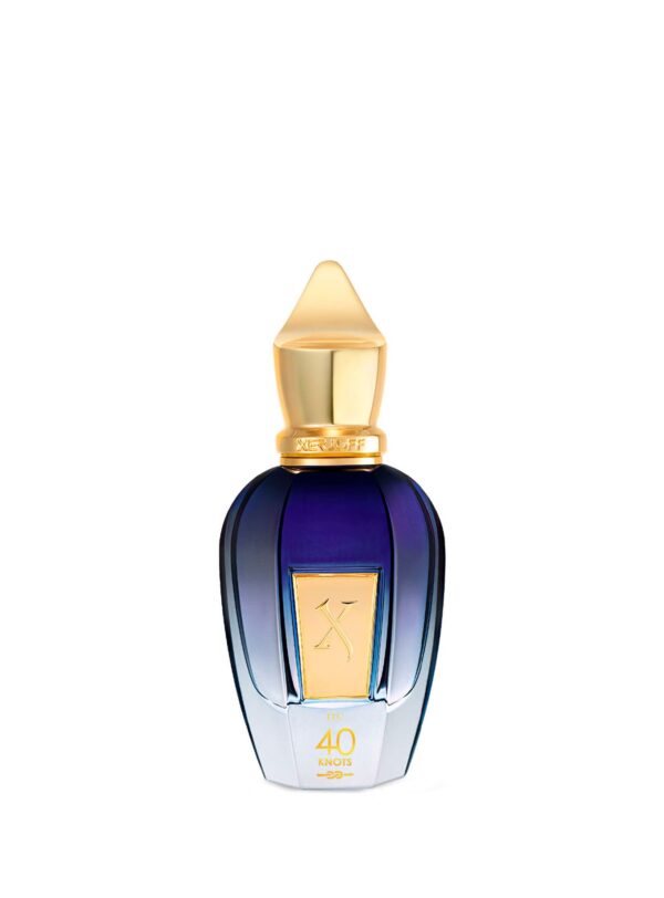 Botella de perfume Xerjoff 40 Knots de color azul con detalles dorados.