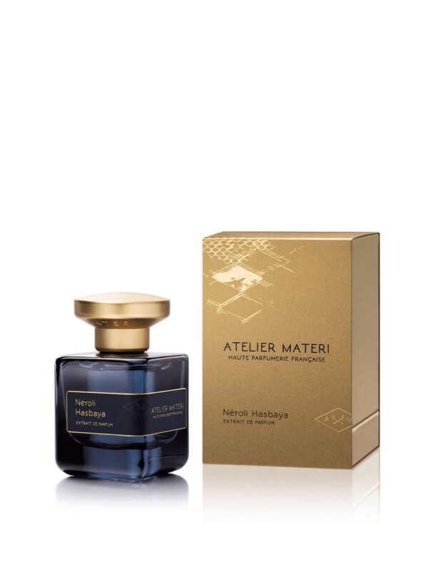 Perfume Néroli Hasbaya de Atelier Materi en frasco de 50 ml junto a su elegante caja dorada.