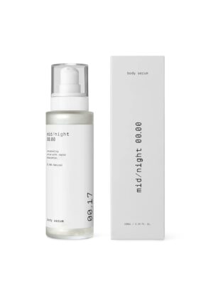 Body Serum 00.17 - Hydrating Body Serum, Mid/Night 00.00, 100 ml – Fast-hydrating serum, ideal for nourishing the skin. With a clean, minimalist design in white bottle and box, with black text.