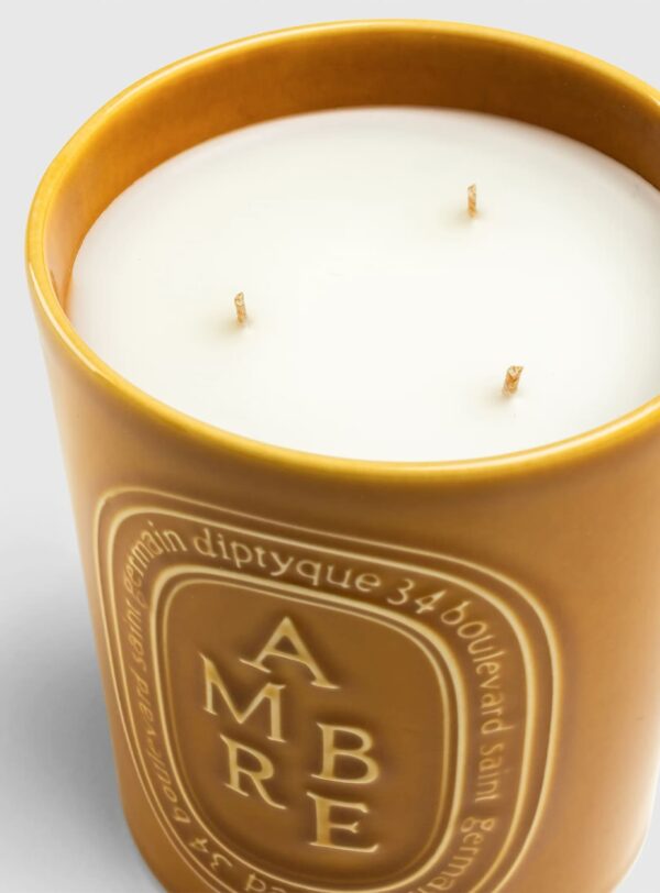 Detalle de la vela Diptyque Ambre 600g con cera blanca y tres mechas, perfecta para una combustión uniforme.