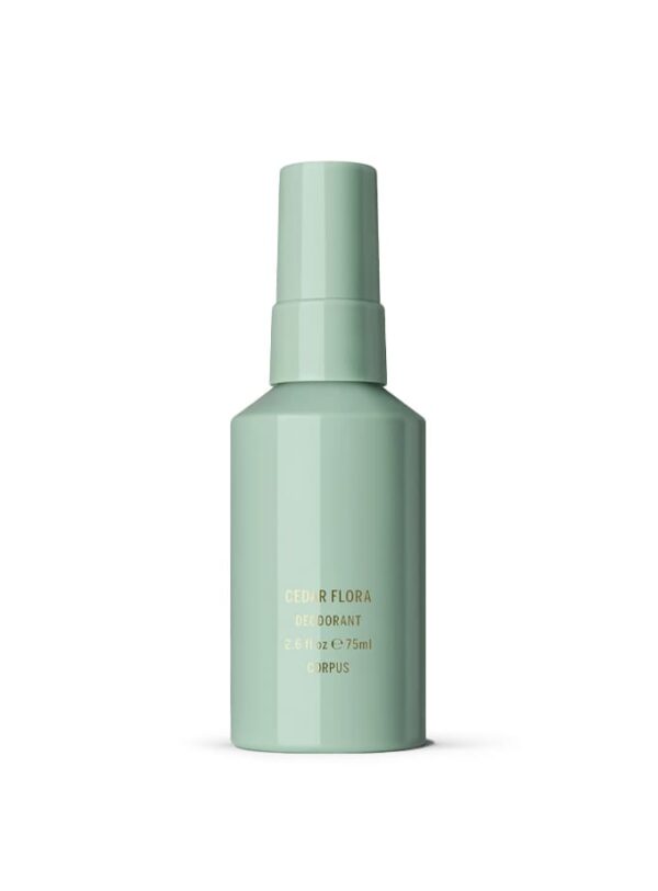 Desodorante natural en spray Corpus Cedar Flora de 75 ml, con frasco verde menta y texto dorado.