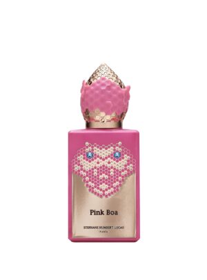Pink Boa perfume bottle by Stéphane Humbert Lucas in pink and gold, with a textured cap and snake-shaped design.