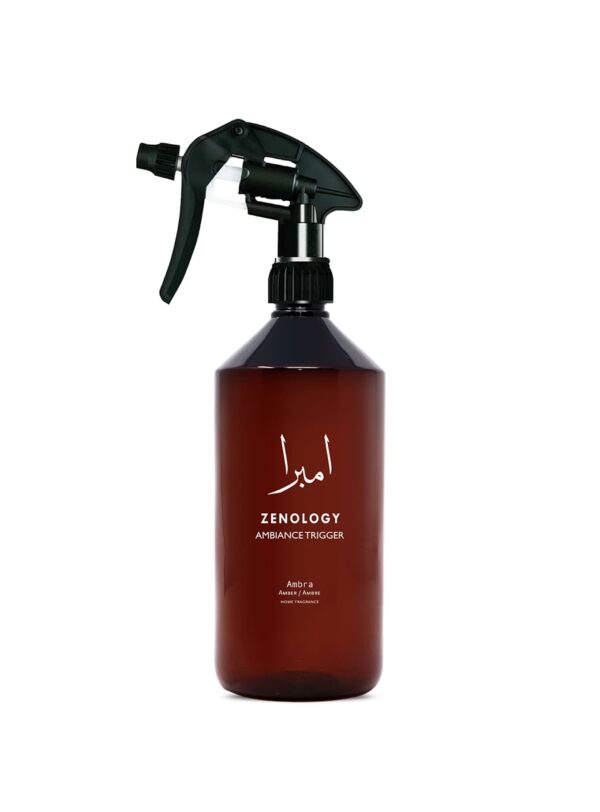 Zenology Ambra Ambiance Trigger 1000 ml – Botella de ambientador en spray ámbar con etiqueta minimalista y difusor negro.