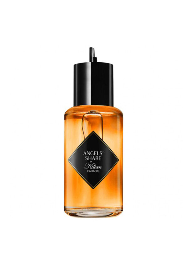 Frasco recargable del perfume Angel’s Share Paradis de Kilian Paris en tono ámbar con dosificador negro y etiqueta en forma de rombo.