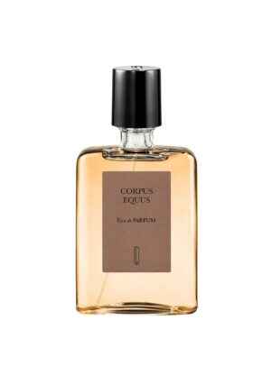 Eau de parfum Corpus Equus de Naomi Goodsir 50 ml, en frasco transparente con etiqueta marrón y tapón negro.