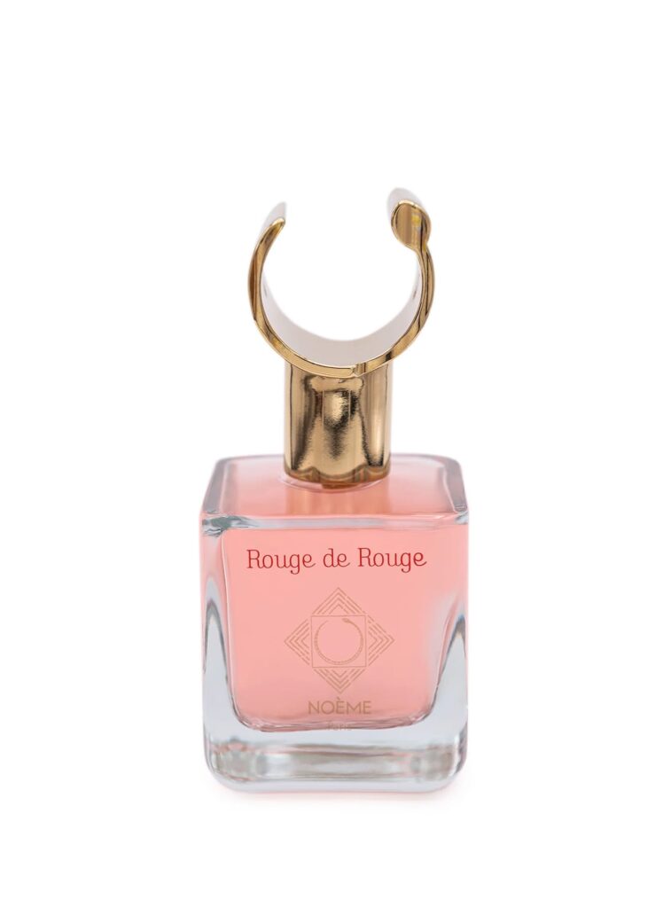 Frasco de perfume Rouge de Rouge de Noème Paris en formato 100 ml, con líquido rosa y tapón dorado. Perfume nicho con notas florales y envolventes, exclusivo en Papaduk.