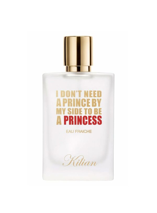 Perfume Princess Eau Fraiche de Kilian Paris en frasco blanco de 50 ml, con mensaje icónico en dorado y rojo. Fragancia gourmand fresca con té verde y malvavisco. A la venta en Papaduk.