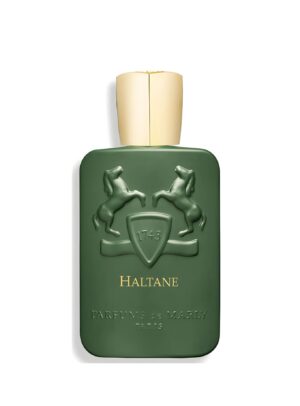 Botella verde oscuro de Haltane de Parfums de Marly en primer plano sobre fondo blanco.