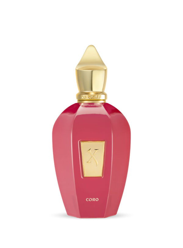 Botella de perfume Xerjoff Coro 100 ml, frasco rosa con detalles dorados, perfumes nicho de lujo en Papaduk.