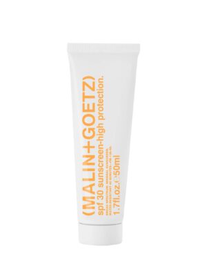 Malin+Goetz SPF30 Sunscreen, 50ml white tube with orange typography, broad-spectrum mineral sunscreen.