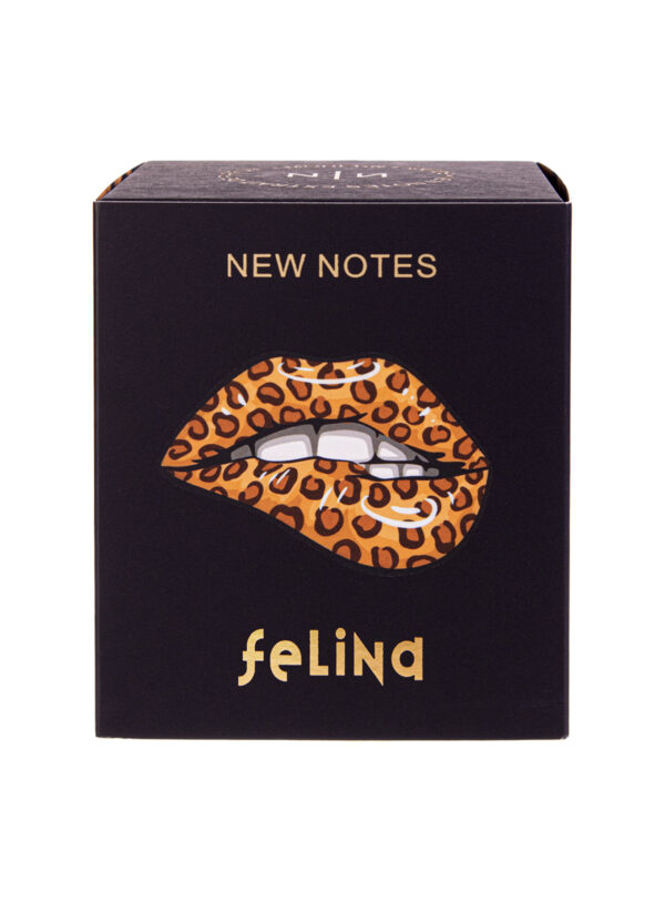 Caja del perfume Felina de New Notes con diseño de labios animal print, disponible en Papaduk Ibiza
