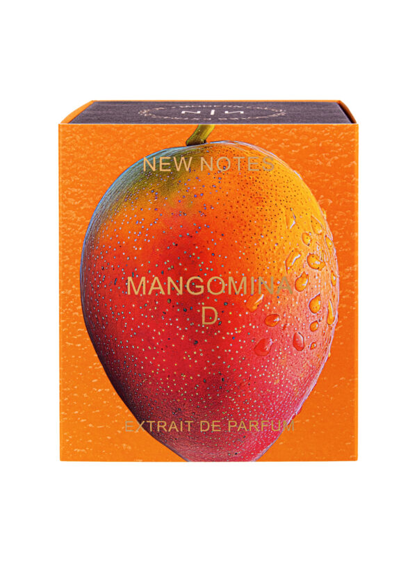 Caja del perfume Mangomina D de New Notes con ilustración de mango, fragancia exótica disponible en Papaduk Ibiza