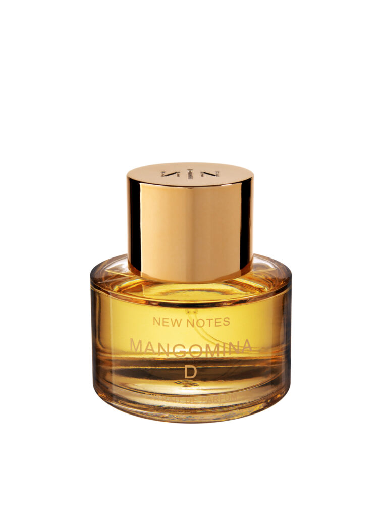 Frasco del perfume Mangomina D de New Notes con tapón dorado, aroma tropical y jugoso disponible en Papaduk Ibiza