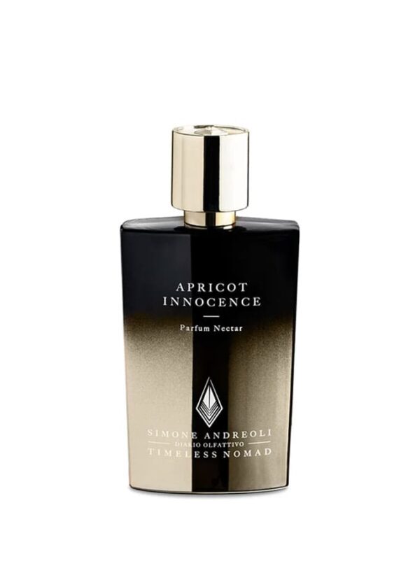 Frasco de perfume Apricot Innocence de Simone Andreoli, botella negra y dorada de 50 ml.