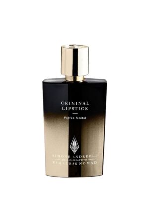 Frasco de perfume Criminal Lipstick de Simone Andreoli, diseño en negro degradado con dorado.