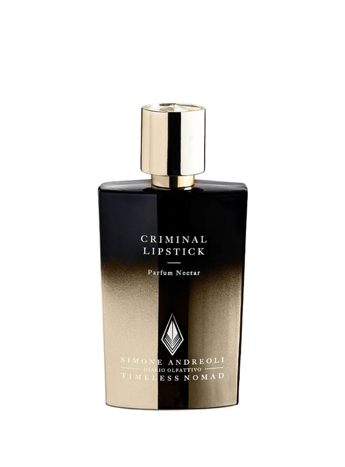 Frasco de perfume Criminal Lipstick de Simone Andreoli, diseño en negro degradado con dorado.