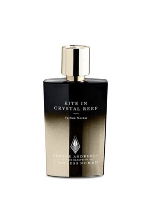 Frasco de perfume Kite in Crystal Reef de Simone Andreoli, elegante diseño negro y dorado.