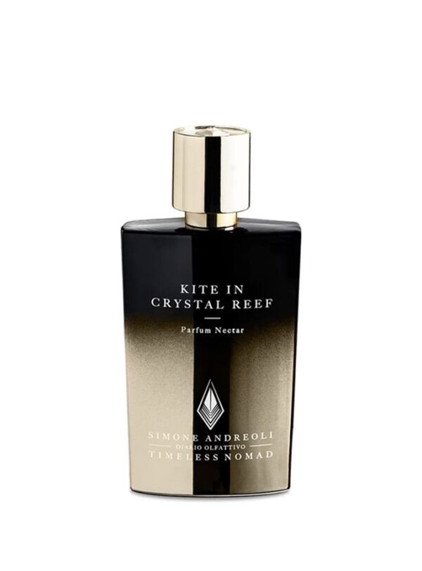 Frasco de perfume Kite in Crystal Reef de Simone Andreoli, elegante diseño negro y dorado.