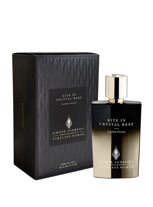 Perfume Kite in Crystal Reef de Simone Andreoli junto a su caja negra con textura, 50 ml.
