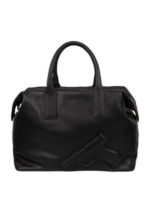 Bolso de viaje Vlieger & Vandam negro estilo weekender con pistola en relieve, vista frontal.