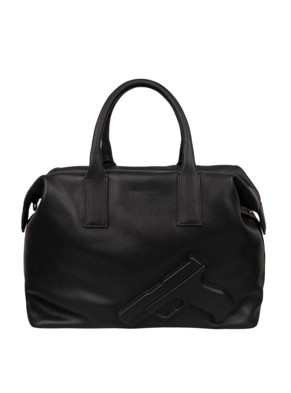 Bolso de viaje Vlieger & Vandam negro estilo weekender con pistola en relieve, vista frontal.