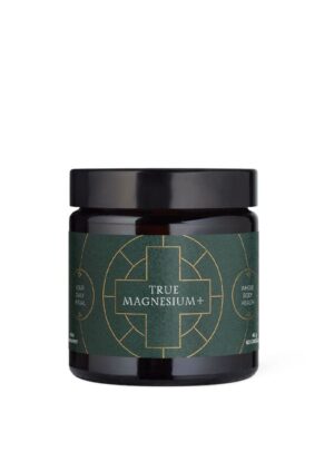 Suplemento True Magnesium+ Ancient + Brave, frasco ámbar oscuro con etiqueta verde y tapa negra, 60 cápsulas.