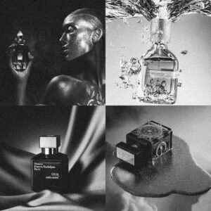 Collage editorial de perfumes nicho incluyendo Initio, Megamare, Maison Francis Kurkdjian y Boadicea en Papaduk Ibiza