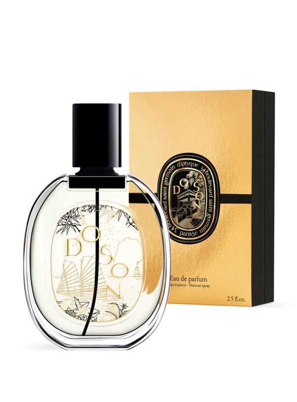 Diptyque Do Son Edición Limitada Navidad 2025 – perfume con frasco dorado y caja negra brillante, aroma floral marino.
