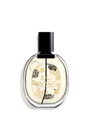 Diptyque Eau Rose Edición Limitada 2025 – frasco ovalado con grabados florales dorados y negros, fragancia de rosa moderna.