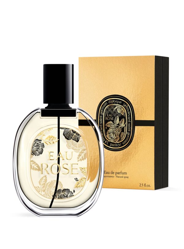 Diptyque Eau Rose EdP Navidad 2025 – perfume con frasco dorado y caja brillante, aroma floral elegante y luminoso.