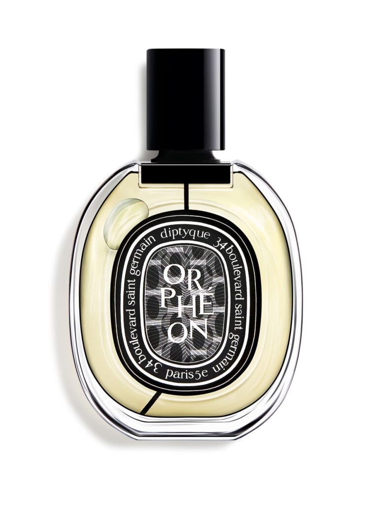 Diptyque Orphéon Eau de Parfum 200 ml – frasco elegante con etiqueta negra y motivo gráfico, aroma amaderado empolvado.