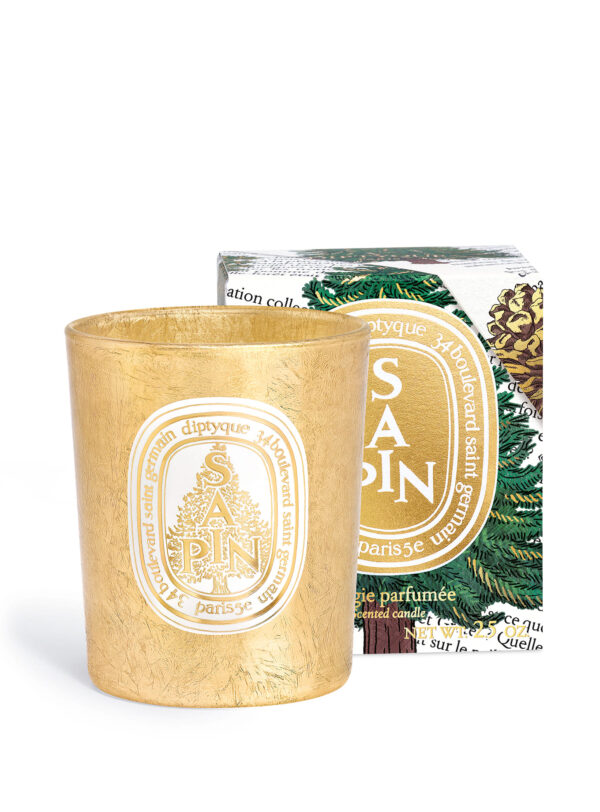 Diptyque Sapin Vela Navidad 2025 70g – vela dorada junto a caja ilustrada con ramas de abeto, aroma a bosque.
