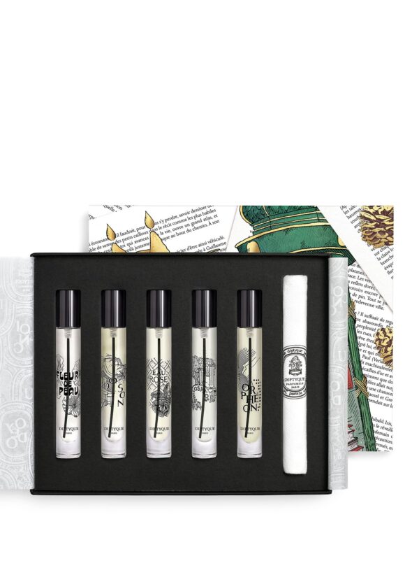 Diptyque Set 5 Eau de Parfum Roll-on 2025 – estuche negro con mini perfumes de Orphéon, Do Son, Eau Rose y más.