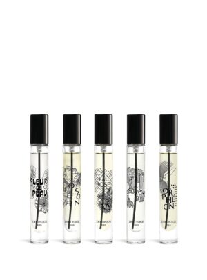 Diptyque Coffret Eau de Parfum Navidad 2025 – cinco mini frascos transparentes con tapón negro, diseño minimalista.