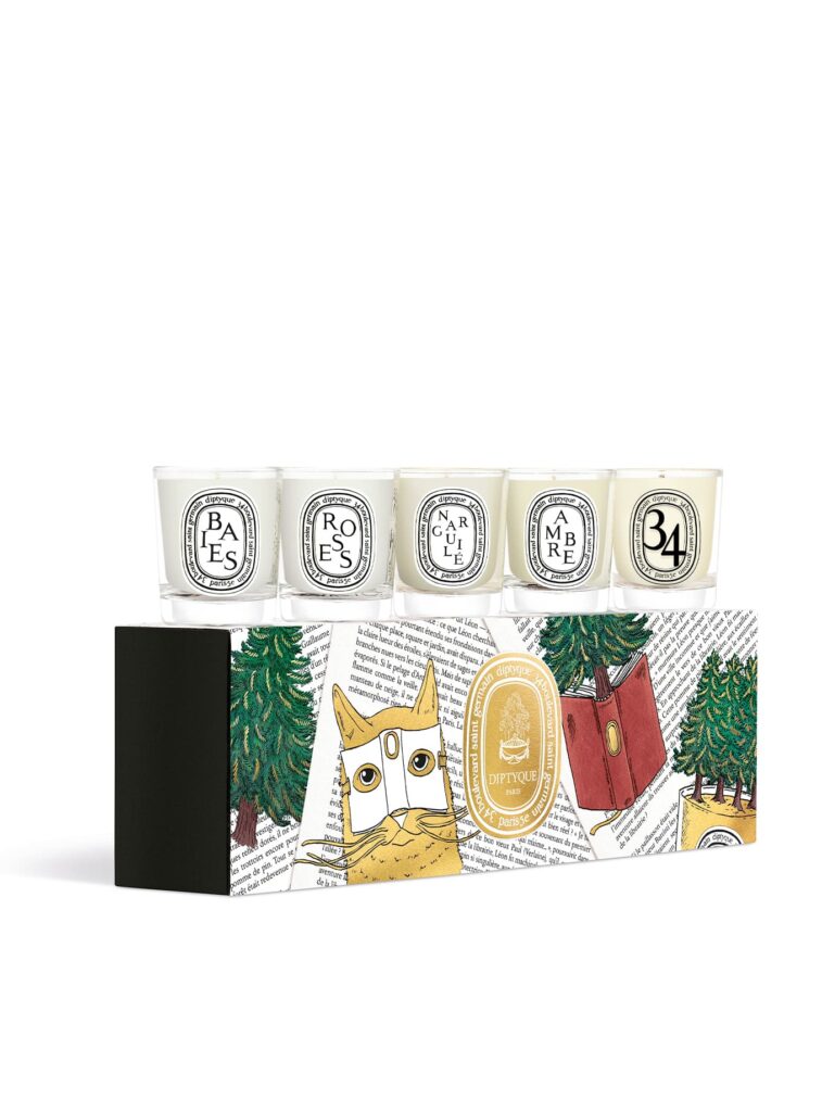 Diptyque Set Mini Velas Edición Limitada 2025 – cinco velas icónicas Baies, Roses, Ambre, Narguilé y 34 en caja ilustrada.