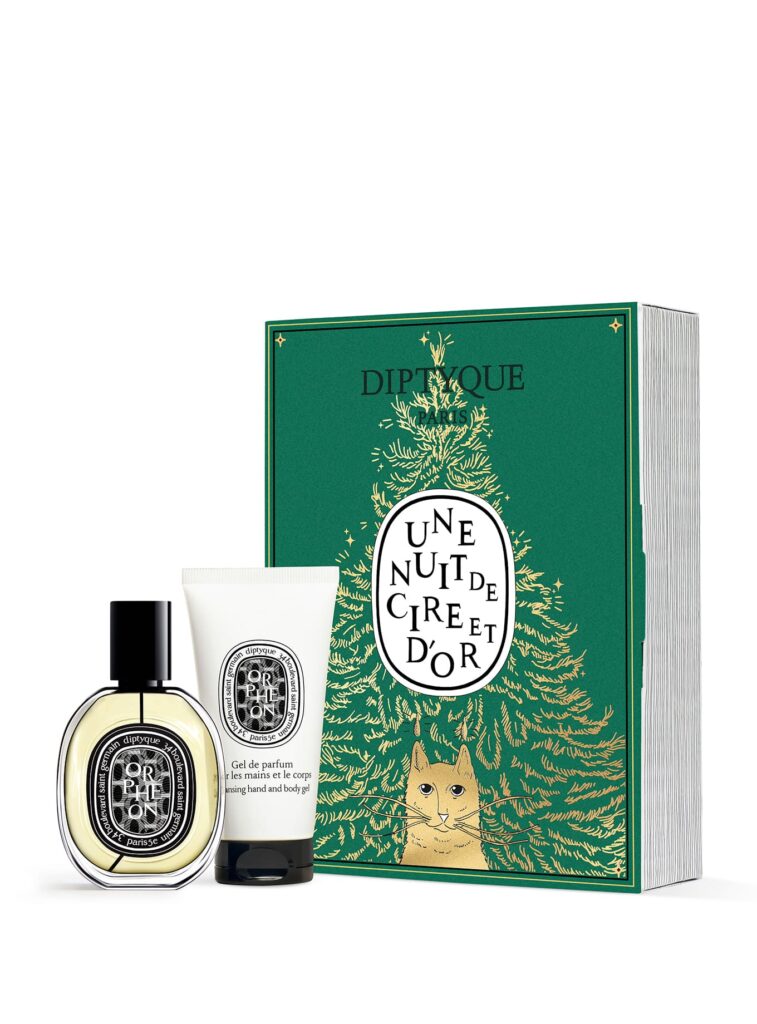 Diptyque Surprise Book Set Navidad 2025 – caja verde con ilustración de gato y árbol dorado, incluye perfume Orphéon y gel de manos.