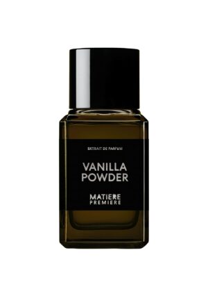 Perfume Matiere Premiere Vanilla Powder Extrait 100 ml, frasco negro minimalista con reflejos ámbar, fragancia envolvente de vainilla.