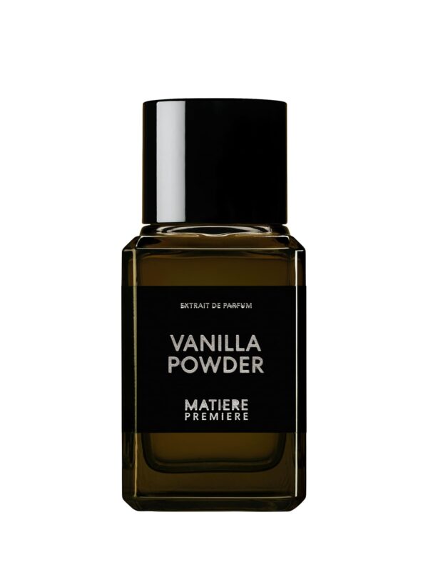 Perfume Matiere Premiere Vanilla Powder Extrait 100 ml, frasco negro minimalista con reflejos ámbar, fragancia envolvente de vainilla.