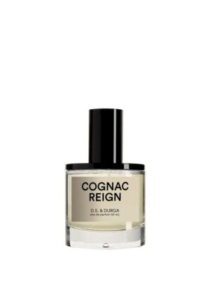DS & Durga Cognac Reign – Frasco cilíndrico 50 ml con tapón negro brillante, perfume ambarado con notas de coñac.