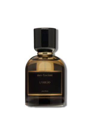 Perfume Meo Fusciuni L’Oblio parfum, fragancia artística en frasco ámbar con diseño minimalista