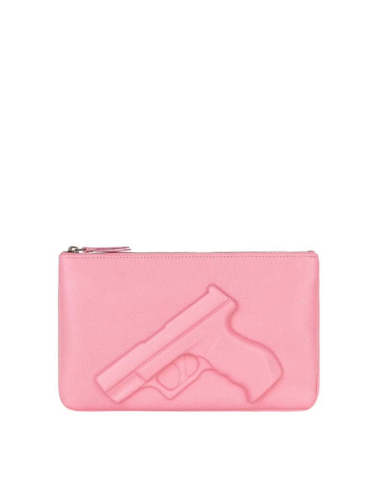 Pouch rosa Cherry Blossom de piel Vlieger & Vandam con relieve en forma de cuchillo en la parte frontal.
